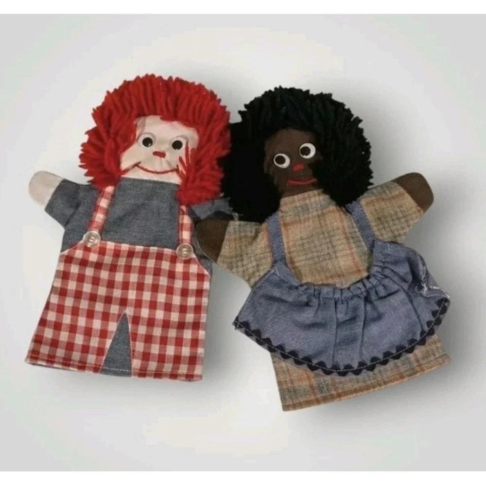 2 Rag Dolls Hand Puppets Handmade Googly Eyes Yarn Hair Preschool Overalls Vtg